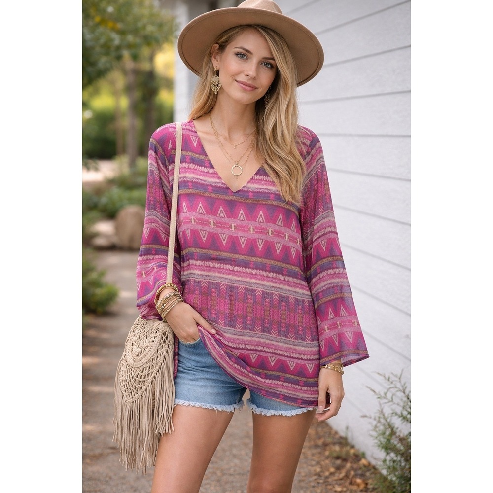 Sophie & Kate Pink Purple Geometric Tribal V-Neck Long Sleeve Tunic Dress Medium